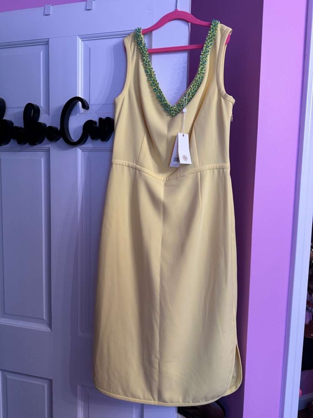 Tory Burch Yellow Midi Dress with Green Beaded V-Neck